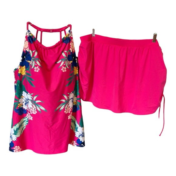 Swim by Cacique 2 Piece Bathing Suit Sz 24 TOP Sz 26 SKIRT Hot Pink Summer Flor… - Picture 1 of 15